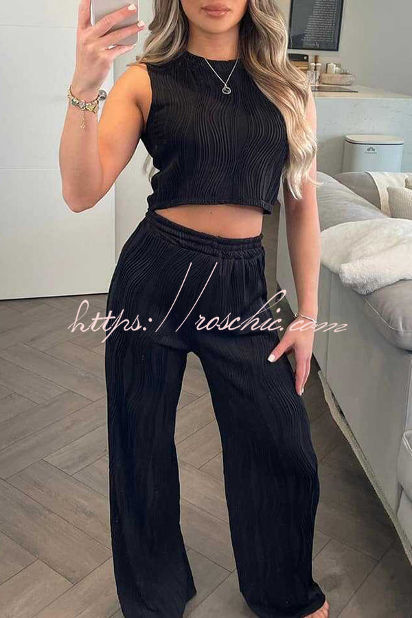 Color Water Wave Crew Neck Tank Top and Elastic Waist Straight Pants Set