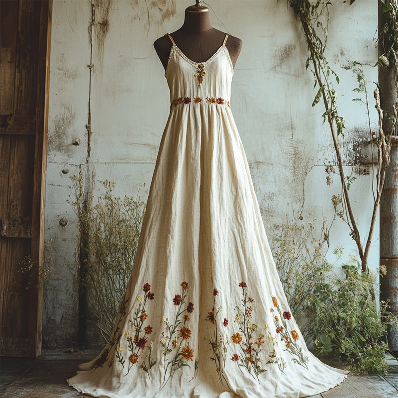 Boho Floral Embroidered Linen Cami Maxi Dress elevenforest
