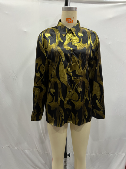 ’s Silk Satin Texture Printed Long Sleeve Shirt – Blouse
