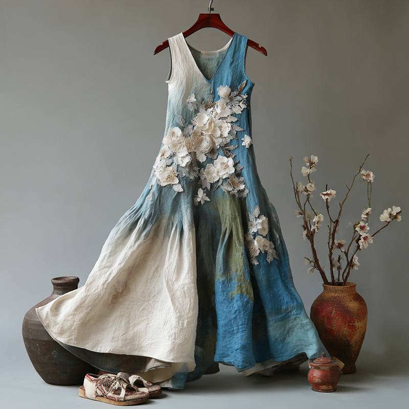 Women's Vintage Japanese Floral Art Gradient Casual Linen Sleeveless Dress elevenforest