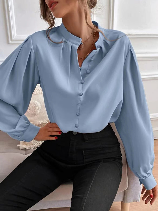 Loose Puff Sleeves Pleated Color Split-joint Stand Collar Blouses
