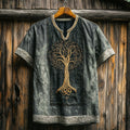 Men's Viking Tribal Tree Of Life Embroidery Art Linen T-shirt elevenforest