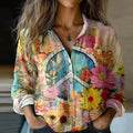 Comstylish Vintage Hippie Vibe Peace And Love Hippie Floral Painting Art Linen Print Long Sleeve Shirt