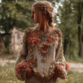 Bohemian Style Three-dimensional Flower Knitted Pattern Women's V-neck Long-sleeve Knitted Sweater elevenforest