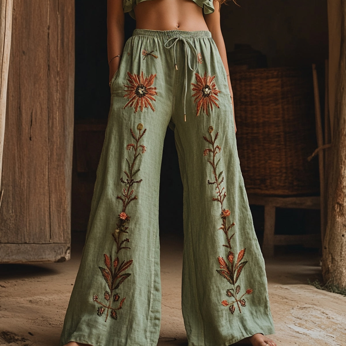 Women's Retro Linen Boho Flowers Art Long Loose Wide-leg Trouser Pants elevenforest