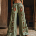 Women's Retro Linen Boho Flowers Art Long Loose Wide-leg Trouser Pants elevenforest