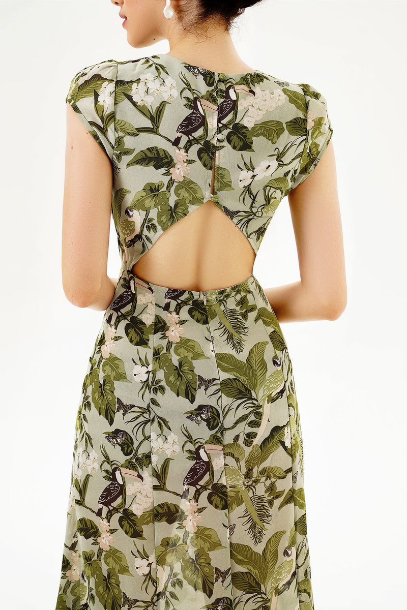 Backless Cut-out Slit Print Midi Dress Green