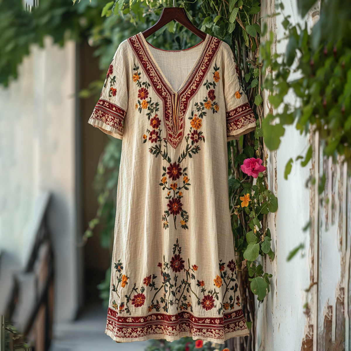 Women's Vintage Embroidered Flower V-neck Linen Blend Midi Dress elevenforest