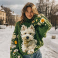 West Highland Terrier Puppy Running On Daisy Grass Jacquard Cozy Turtleneck Sweater