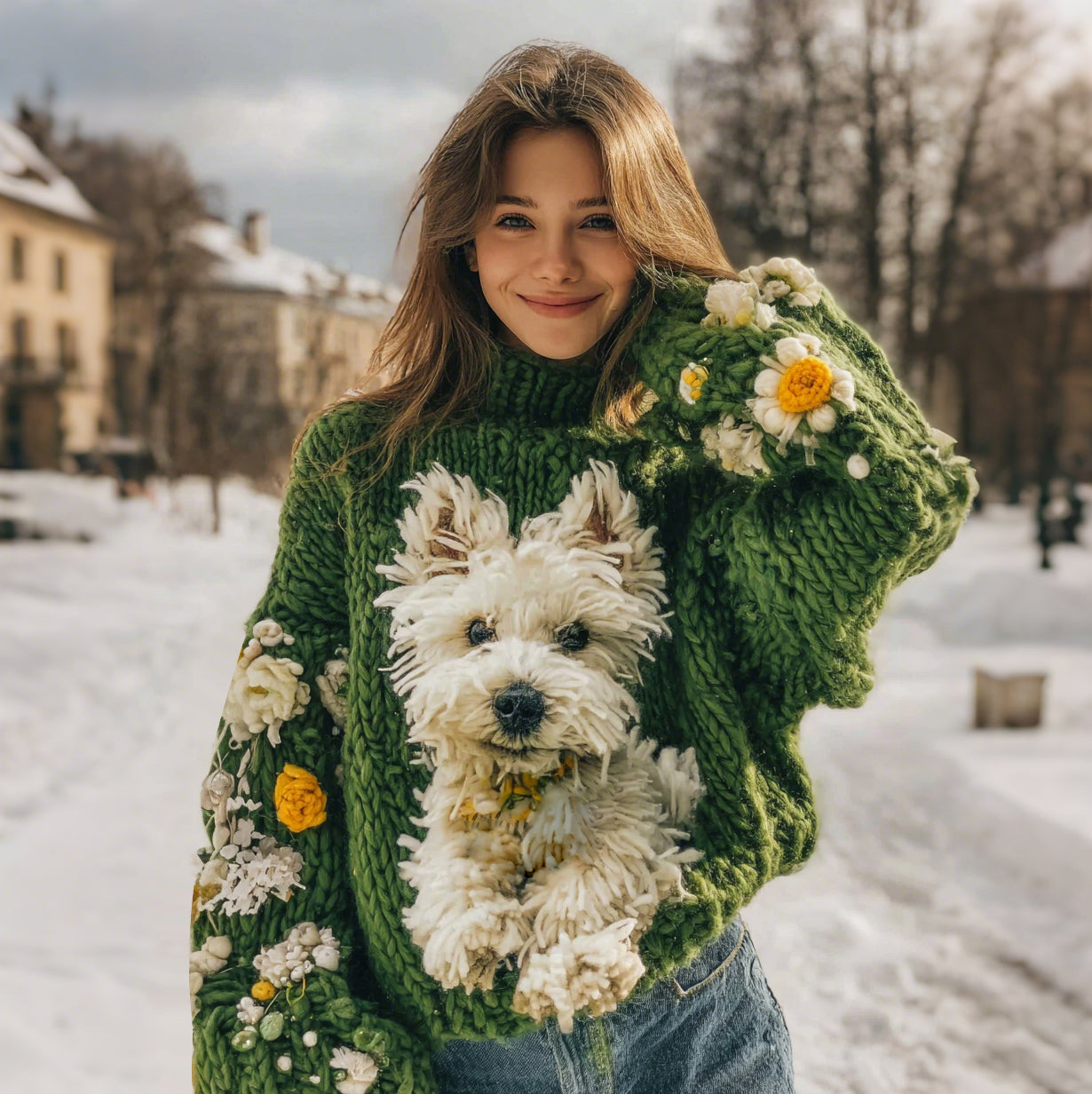 West Highland Terrier Puppy Running On Daisy Grass Jacquard Cozy Turtleneck Sweater