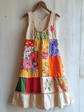 Boho Floral Patchwork Art Linen Blend Dress elevenforest