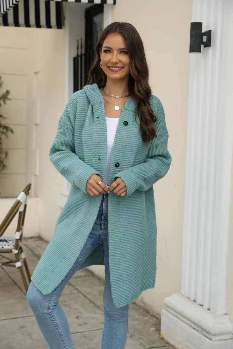 Autumn Winter Clothing Hooded Knitwear Cap Collar Office Loose Color Cardigan Sweater