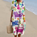 Women's Colorful Cat Art Print V-neck Dress elevenforest