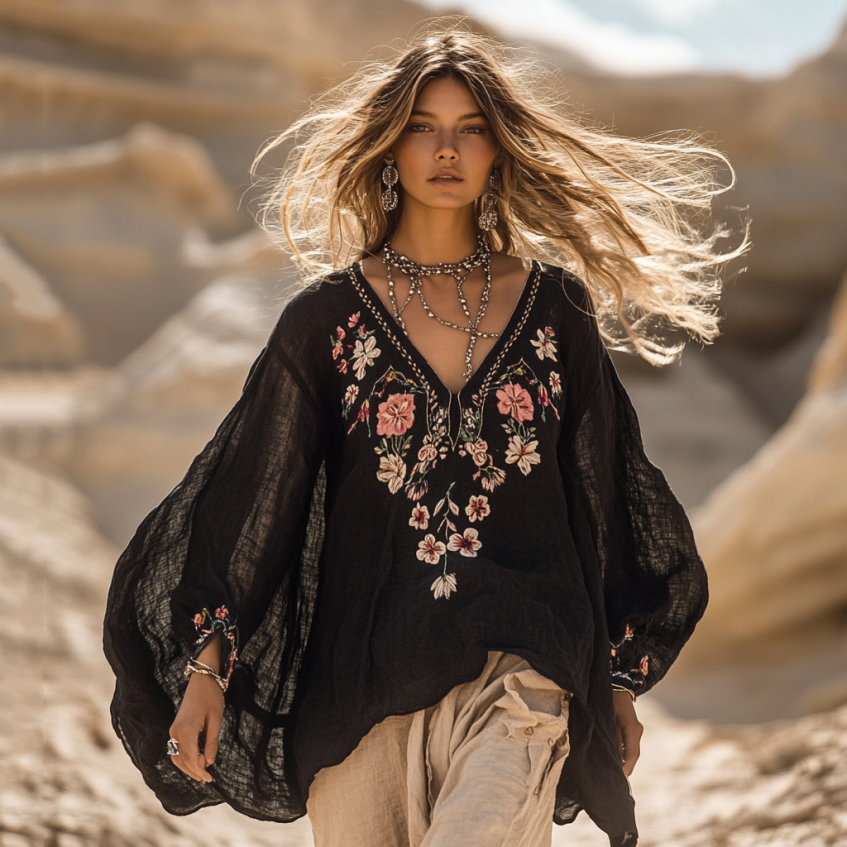 Boho Floral Embroidery Print Cotton And Linen Blend Loose Blouse elevenforest