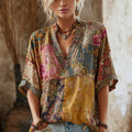 Bohemian Floral Pattern Embroidery Vintage Patchwork V-neck Short-sleeved Shirt elevenforest