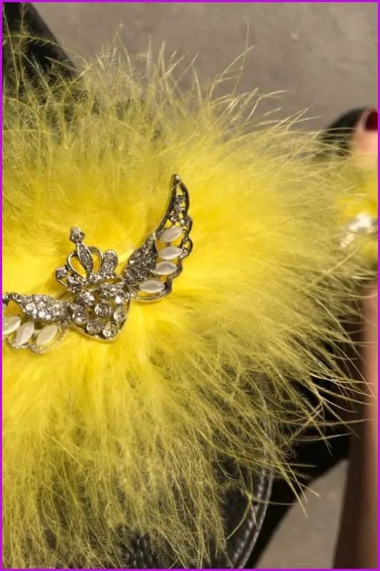 Rhinestone Bow Lady Furry Slides Fur Slippers De239