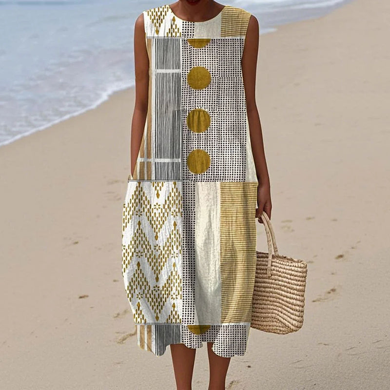 Vintage Loose Abstract Geometry Art Sleeveless Cotton And Linen Tank Dress elevenforest