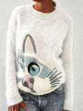 Comstylish Lovely Cat Face Embroidered Cozy Knit Sweater