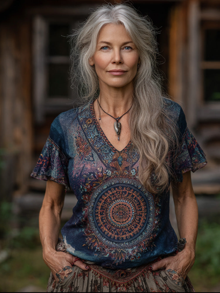 Forest Flower Short-sleeved V-neck Top elevenforest