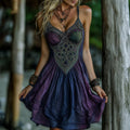 Women's Viking Celtic Knot Art Gradient Comfort Art Linen V Neck Suspenders Dress elevenforest