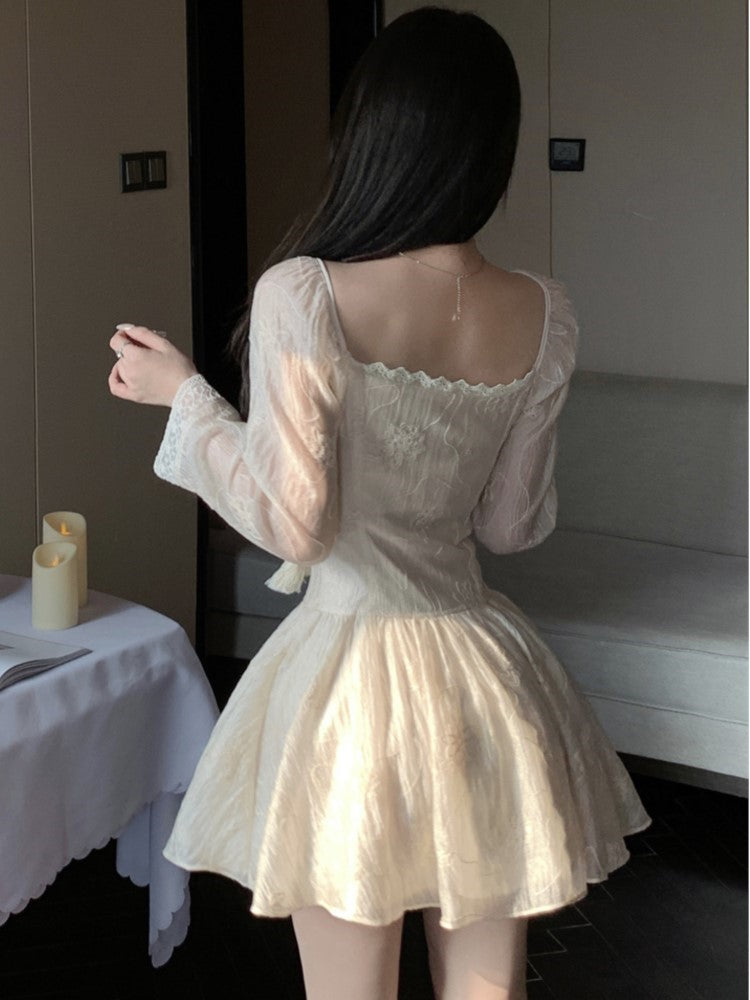 Slim Lace-up Mini Dress Bodycon V-neck Long Sleeve Spring French A-line Kawaii Birthday Party Vestidos Mujers