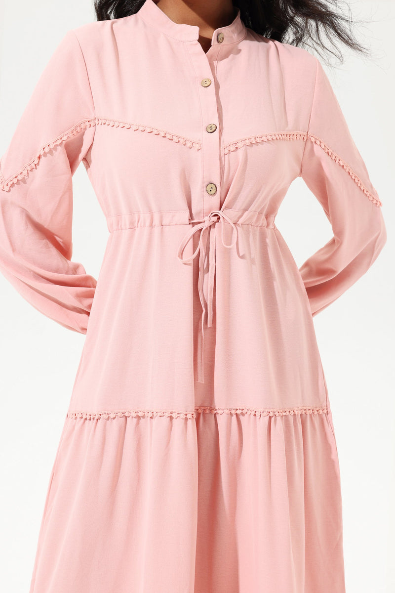 Long Sleeve Lace Up Midi Dress Pink