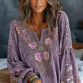 Women's Vintage Floral Embroidered Art Print Flowy Linen Blend Casual Tops elevenforest