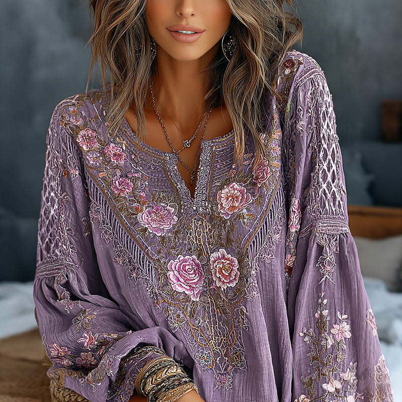 Women's Vintage Floral Embroidered Art Print Flowy Linen Blend Casual Tops elevenforest