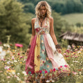 Women's Holiday Embroidered Floral Patchwork Maxi Dress elevenforest