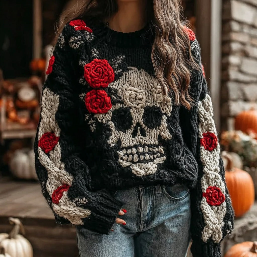 Halloween Skull And Rose Contrast Knitted Cozy Sweater elevenforest
