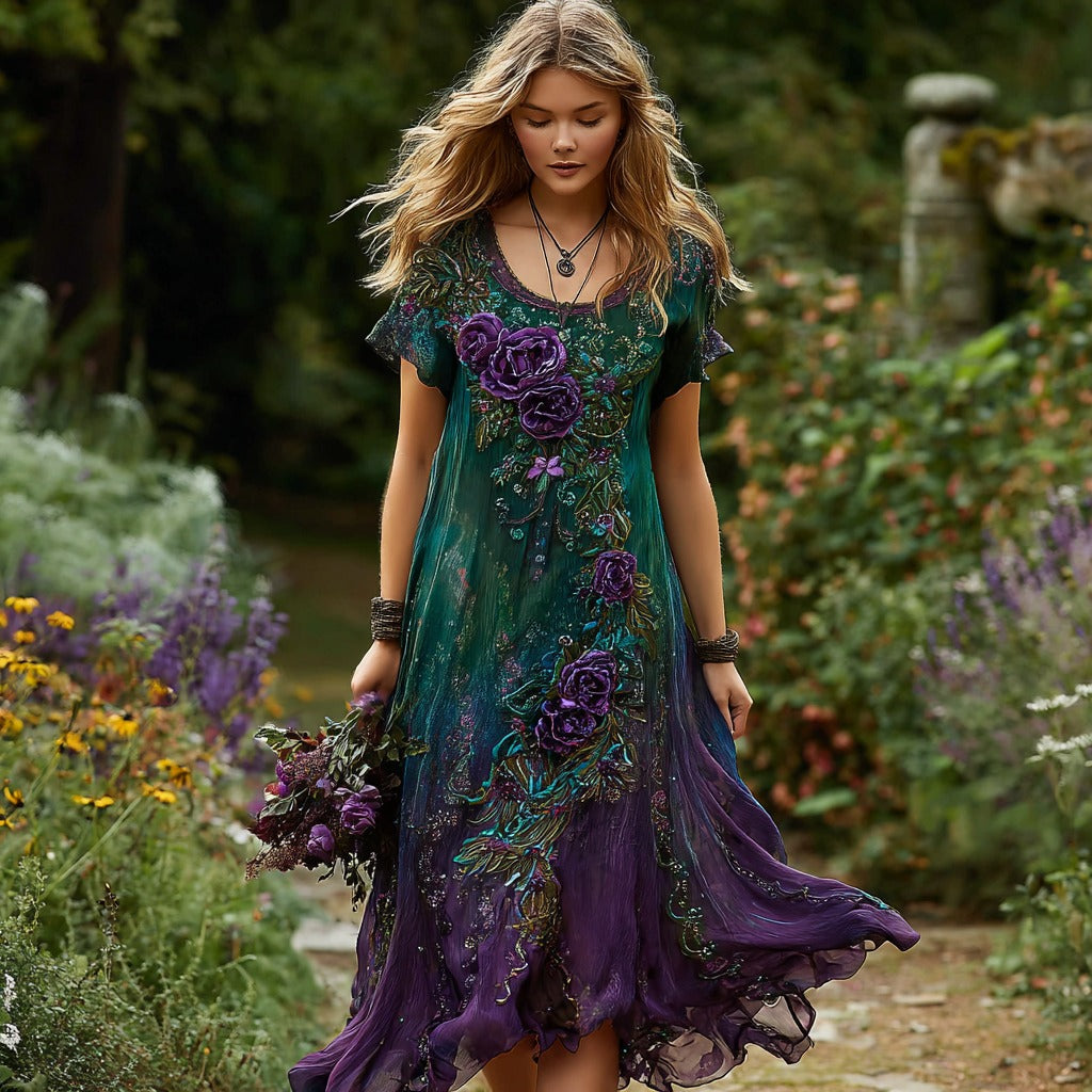 Women's Vintage Rose Floral Short Sleeve Midi Dress elevenforest