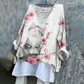 Comstylish Women's Cute Cat With Cherry Blossoms Ink Art V-neck Linen Blend T-shirt