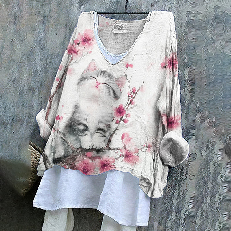 Comstylish Women's Cute Cat With Cherry Blossoms Ink Art V-neck Linen Blend T-shirt