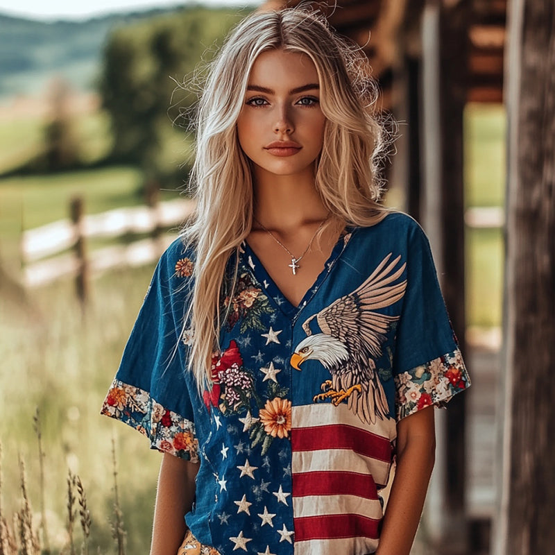 Vintage Independence Day Eagle Floral Comfy Linen T-shirt elevenforest