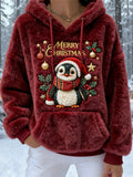 Comstylish Christmas Penguin Design Women's Flannel Hooded Sweater