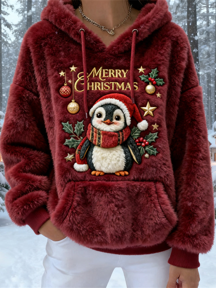 Comstylish Christmas Penguin Design Women's Flannel Hooded Sweater