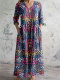 Women's Elegant Floral Pattern V-Neck Cotton Dress with Pockets