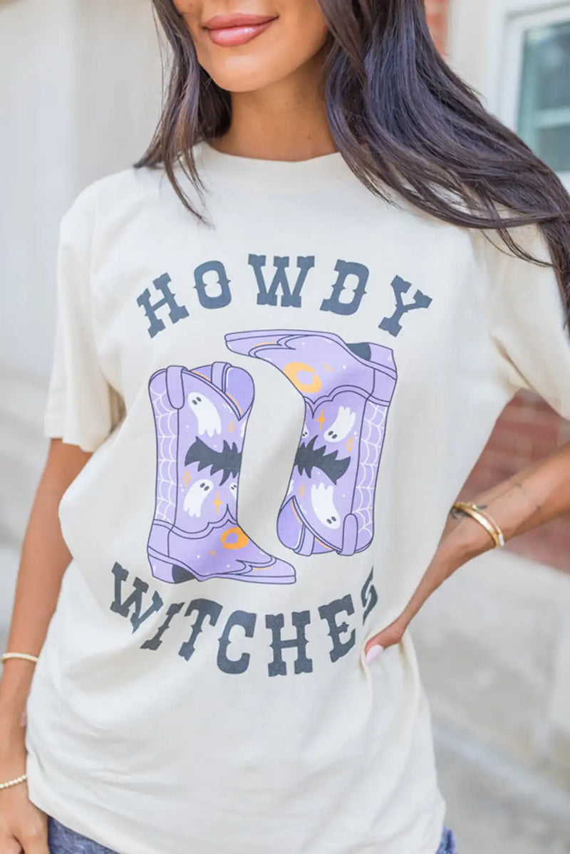 White Howdy Witches Western Boots Crewneck T Shirt