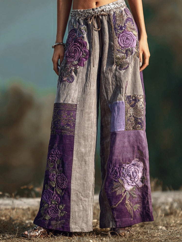 Purple Roses Embroidered Patchwork Comfy Linen Pants elevenforest