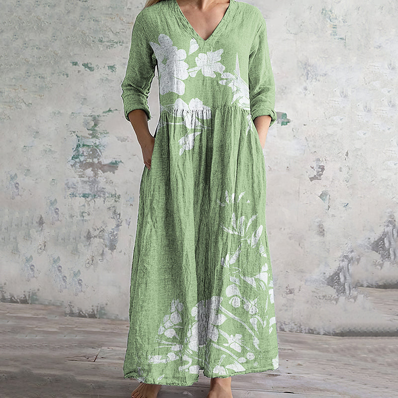 Vintage Floral Art Pattern Women's Linen Dress elevenforest