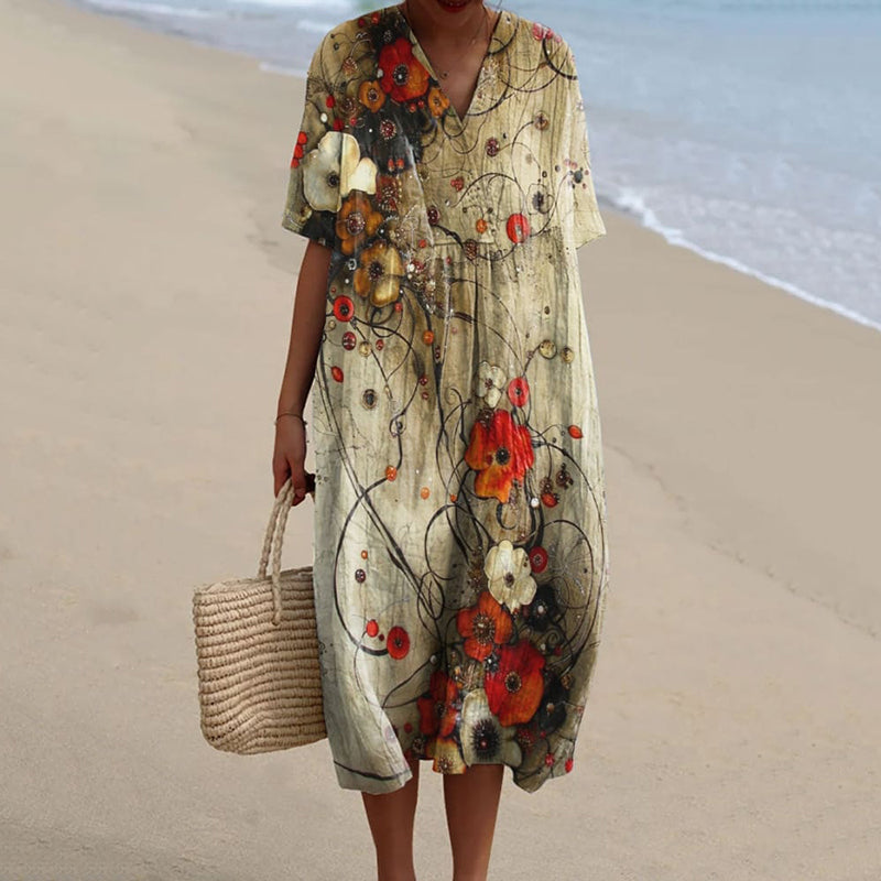 Women's Vintage Floral Print V-neck Casual Flowy Midi Dress elevenforest