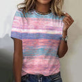 Women's Pink Color Block Stripes Print Crew Neck T-Shirt elevenforest