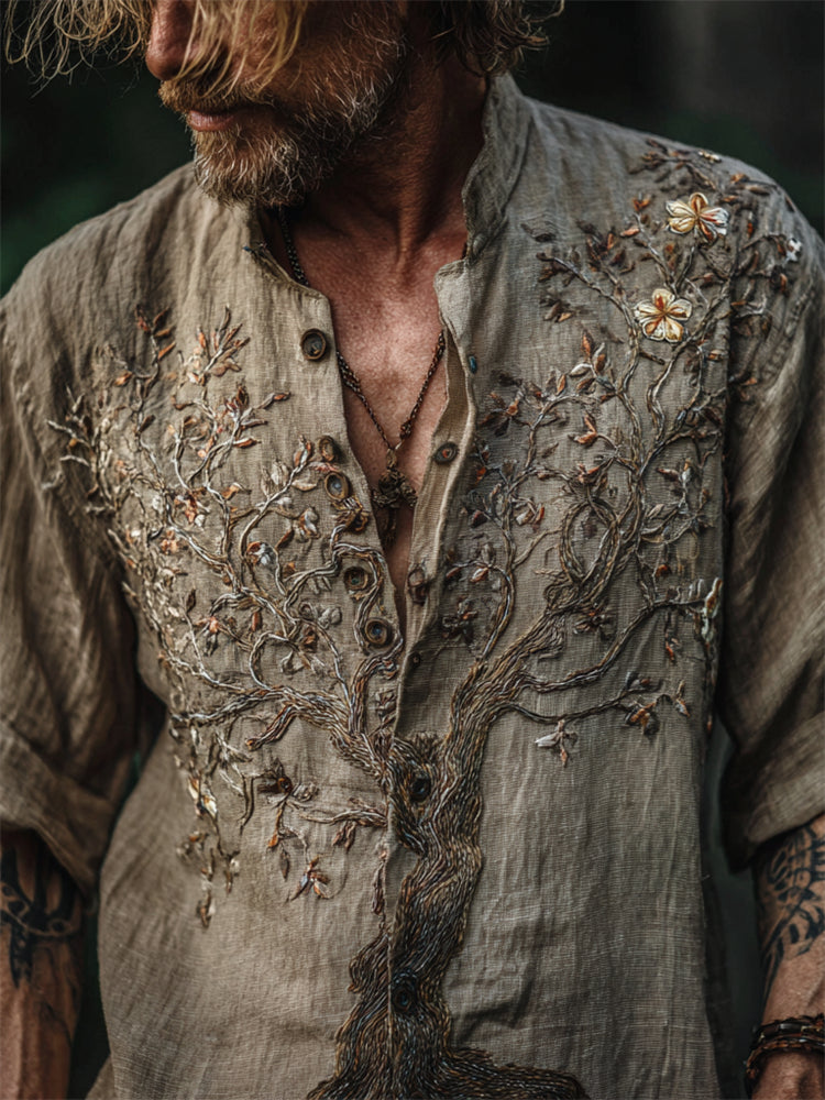 Men's Vintage Floral Tree Of Life Embroidered Linen Shirt elevenforest