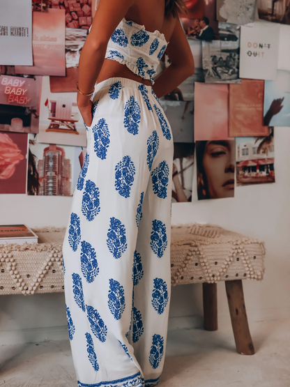Bandeau Top Two Piece Bow Tank Top Printed Wide Leg Pants Coord Set