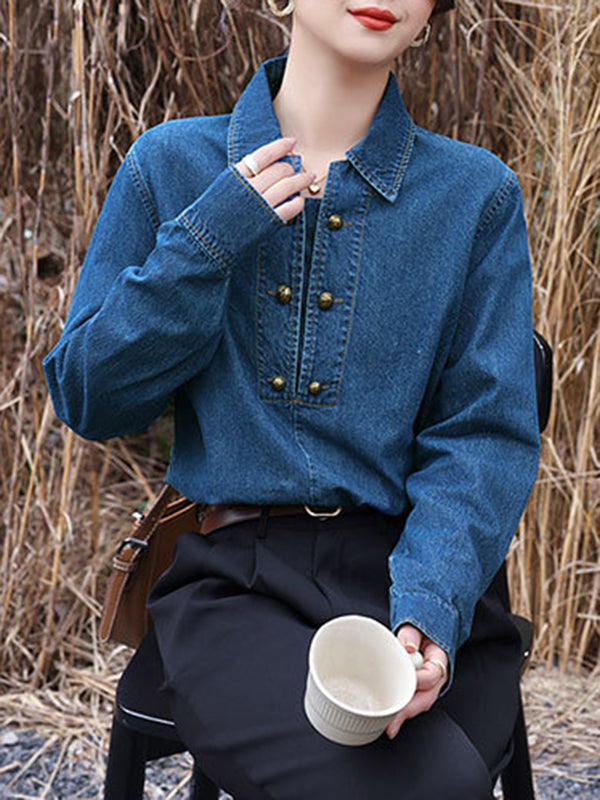 Long Sleeves Loose Buttoned Split-joint Lapel Blouses&shirts Tops