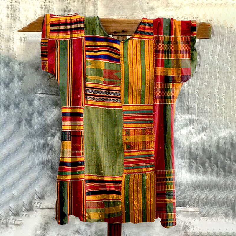 Comstylish African Geometric Art Print Crew Neck Linen Blend T-shirt