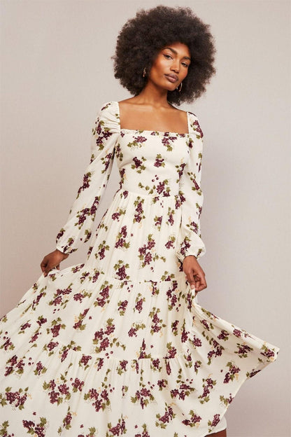 Printed Long Sleeve Square Collar Midi Dress