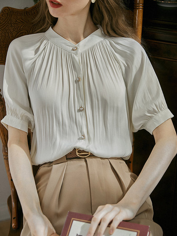 Loose Puff Sleeves Buttoned Pleated Round-neck Blouses&shirts Tops