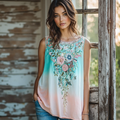 Vintage Bohemian Flowers Embroidery Gradient Art Linen Sleeveless Top elevenforest