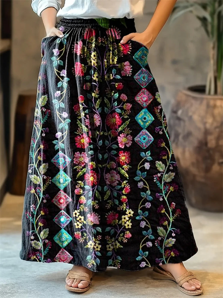 Women's Retro Floral Totem Art Print Cotton Skirt elevenforest